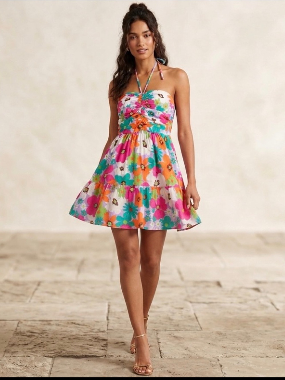 Day+Moon Retro Floral Halter Ruched Bodice Coquette Flowy Mini Feminine Dress S